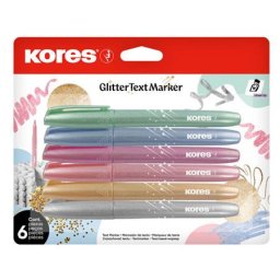 KORES Szövegkiemelő készlet, 3-5 mm, KORES "Glitter", 6 különböző csillámos szín