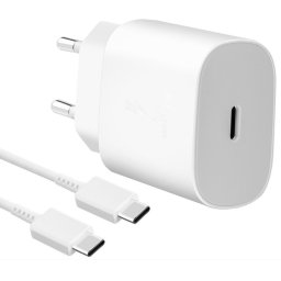 Hálózati töltő adapter, 25W, USB Type-C aljzat, USB Type-C - USB Type-C kábellel, PD 3.0, PDO / PPS, gyorstöltés, Samsung, fehér, gyári