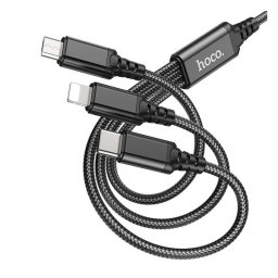 USB töltő- és adatkábel 3in1, USB Type-C, Lightning, microUSB, 100 cm, 2000 mA, gyorstöltés, cipőfűző minta, Hoco X76 Super, fekete