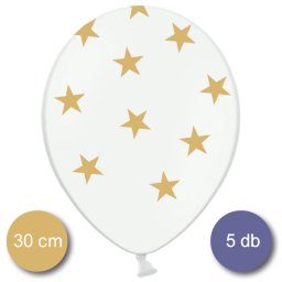 Léggömb, fehér, arany csillagokkal, 30cm, 5 db/cs