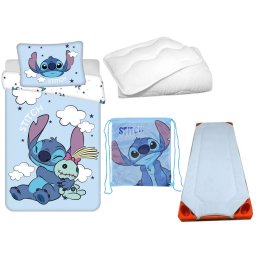Disney Lilo és Stitch, A csillagkutya Blue Clouds Alien gyerek, ovis ágyneműhuzat, derékalj, tornazsák és paplan/párna szett 100x135 cm 40x60 cm