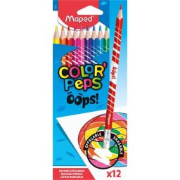Színes ceruza készlet, háromszögletű, radírozható, MAPED "Color'Peps Oops", 12 különböző szín