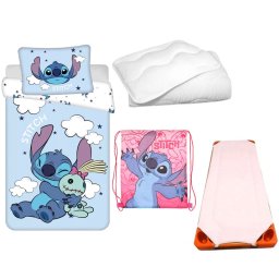 Disney Lilo és Stitch, A csillagkutya Pink Clouds Planet gyerek, ovis ágyneműhuzat, derékalj, tornazsák és paplan/párna szett 100x135 cm 40x60 cm