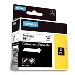 Dymo eredeti címkenyomtató szalag, Dymo, 18482, fekete nyomtatás/fehér hátlap, 5,5m, 9mm, RHINO tartós poliészter D1