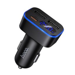 HOCO Z63A autós töltő Type-C+2 USB aljzat (42W, PD gyorstöltő 3.0, LED kijelző) FEKETE