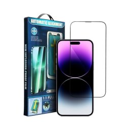Apple iPhone 15/ iPhone 16 5D Full Glue hajlított tempered glass kijelzővédő üvegfólia felhelyezőkerettel, fekete