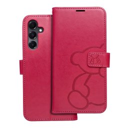 Samsung Galaxy A36 telefon tok, könyvtok, oldalra nyíló tok, mágnesesen záródó, sötét magenta, teddy bear, SM-A366, Mezzo