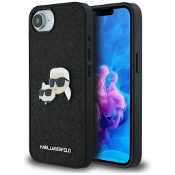Karl Lagerfeld HC rögzített csillogó K&C Heads logós fém kitűző tok iPhone 16e, fekete