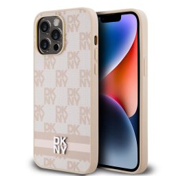 iPhone 15 Pro Max (6.7") hátlap tok, PU / PU bőr, mintás, barackvirág-bézs, DKNY PU Leather Checkered Pattern and Stripe
