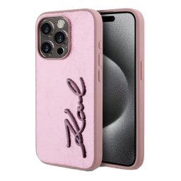 iPhone 15 Pro Max (6.7") hátlap tok, PU, rózsaszín, Karl Lagerfeld Wrinkled PU Signature Logo