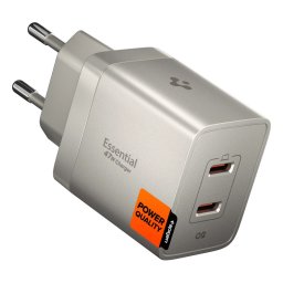 Spigen Essential EE472EU 2xUSB-C 2-portos hálózati töltő adapter, GaN, 47W, Titanium, ezüst