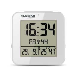 GARNI 138W - digitális ébresztőóra hőmérővel és higrométerrel, fehér színben