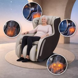 Masszázsfotel Fidardo, légmasszázs, infra melegítés, 12 párna, 2 fej, 6 masszázstípus, lábtartó, hangvezérlés, Bluetooth zene - bézs-barna