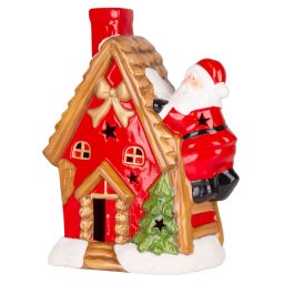 MagicHome karácsonyi dekoráció, Házikó Mikulással a tetőn, LED, terrakotta, felfüggesztő, 2x AAA, 27