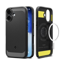 SPIGEN RUGGED ARMOR szilikon telefonvédő (ütésállóság, légpárnás sarok, karbon minta, MagSafe) FEKETE Apple iPhone 17