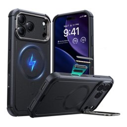 ESR CYBER szilikon telefonvédő (ütésállóság, légpárnás sarok, kitámasztó, MagSafe) FEKETE Apple iPhone 17 Pro