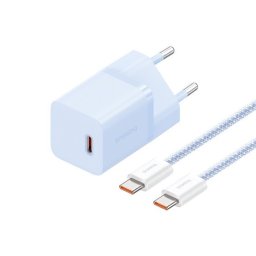 Baseus GaN5 Mini USB-C hálózati gyorstöltő adapter 30W, + USB-C-USB-C fonott kábel, 100W, kék