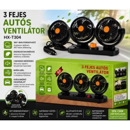 3 fejes autós ventilátor 12V/24V - USB csatlakozás, 360°-ban forgatható, állítható autóhűtő ventilátor