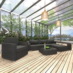 vidaXL 8-részes fekete polyrattan kerti bútorszett párnákkal