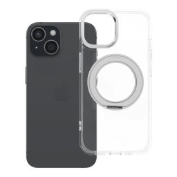 Apple iPhone 15 tok, gyűrűs kitámasztóval, kameravédő peremmel, MagSafe, átlátszó-fehér