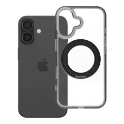 Apple iPhone 15 tok, gyűrűs kitámasztóval, kameravédő peremmel, MagSafe, átlátszó-fekete