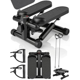 BodyStep Otthoni Stepper állítható ellenállással csúszásmentes pedálokkal, LCD kijelzővel és rugalmas kötelekkel a karok edzéséhez, fekete