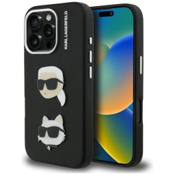 Karl Lagerfeld FW Grained Karl & Choupette Heads Pins tok iPhone 16 Pro Max készülékhez (fekete)