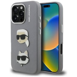 Karl Lagerfeld FW Grained Karl & Choupette Heads Pins tok iPhone 16 Pro Max készülékhez (szürke)