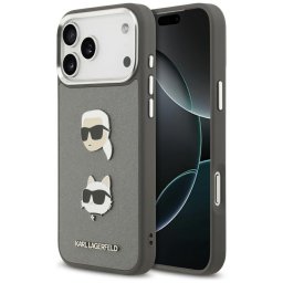 Karl Lagerfeld FW Grained Karl & Choupette Heads Pins & Logo Apple iPhone 17 Pro Max hátlap tok, szürke