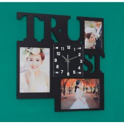 Kreatív falióra, "TRUST", 3 db képkerettel, fekete