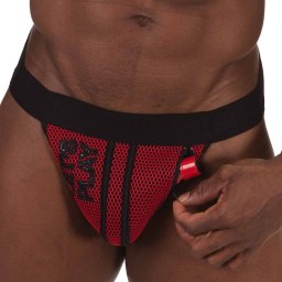 Jockstrap légáteresztő honeycomb zsebbel piros-fekete