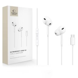 Tech-Protect UltraBoost G3 USB-C vezetékes fülhallgató hangerőszabályzóval, mikrofonnal, fehér