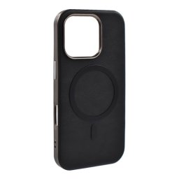 Szilikon telefonvédő (ECO bőr hatású hátlap, karcolásmentesítő belső, fém kameravédő, MagSafe, prémium) FEKETE Apple iPhone 16 Pro