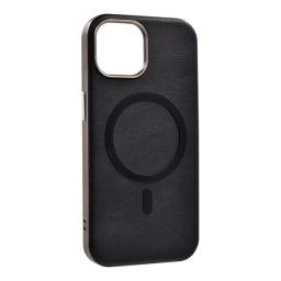 Szilikon telefonvédő (ECO bőr hatású hátlap, karcolásmentesítő belső, fém kameravédő, MagSafe, prémium) FEKETE Apple iPhone 14 Pro