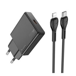 HOCO N37 hálózati töltő Type-C aljzat (30W, PD gyorstöltő 3.0, vékony + lightning kábel) FEKETE