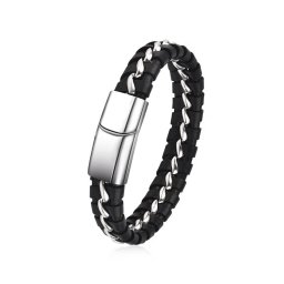 CHAIN – Fekete Bőr Karkötő - Acél Lánc