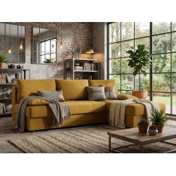 AKCIÓ Kihúzható, kétszemélyes, L-alakú kanapé VENORIA SLIM 200x143 cm, mustár + 2 párna INGYEN II. osztály Itaka 33