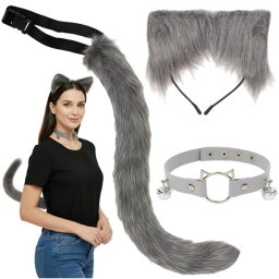 RUHHY Szürke Therian 3 az 1-ben Farkas, Macska és Róka Jelmez Szett, Pihe-puha Műszőrme, Állítható Choker és Farok, Choker Nyaklánc Két Csengővel