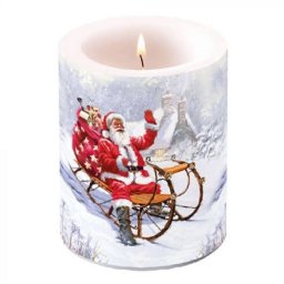 Mikulás szánon Télapós - karácsonyi átvilágítós tömbgyertya 12 cm - Santa on Sledge