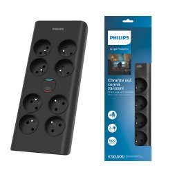 Túlfeszültség elleni elosztó Philips hosszabbítókábel 8 db aljzat 2m 16A - fekete