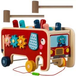 Fából készült elefánt kalapács Kruzzel 20349, 4 az 1-ben fejlesztő játék, 13x23.5x11 cm