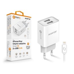 ALIGATOR 2.4A, 2xUSB, intelligens IC, fehér, USB kábel iPhone/iPadhez/iPadhez