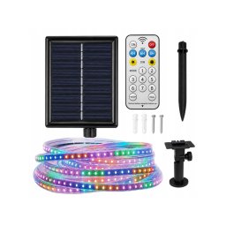 5 méteres kültéri vízálló IP65 LED szalag napelemes tápegységgel, RGB színes, távirányító, Időzíthető 4/6/8 órás működés, 8 féle fényjátékkal
