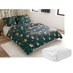 Mikroplüss ágyneműhuzat szett SNOWMAN AND GINGERBREAD zöld + mikroplüss lepedő SOFT 90x200 cm fehér, egyszemélyes ágyhoz
