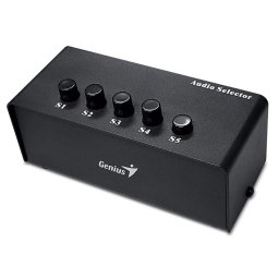 Genius sztereó kapcsoló doboz , kapcsoló, audio, 2x RCA bemenet, 5x 3,5 mm-es jack kimenet, sztereó, fekete