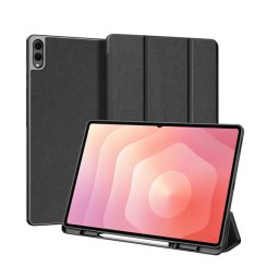 DUX DUCIS DOMO tok álló, bőr hatású (aktív FLIP, oldalra nyíló, TRIFOLD, asztali tartó, ceruza tartó) FEKETE Samsung Galaxy Tab S11 Ultra 5G (SM-X936B), Galaxy Tab S11 Ultra WIFI (SM-X930)