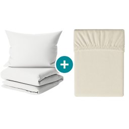 Krepp ágynemű szett DENYX BLEND világos krémszínű, hotel zseb + Jersey lepedő 90 x 200 cm szürkésbézs, egyszemélyes