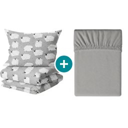 Krepp ágyneműhuzat készlet WHITE SHEEPS POLY szürke + Jersey gumis lepedő 90 x 200 cm szürke, egyszemélyes