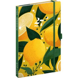 Keménytáblás tervező krémszínű lapokkal, kétheti beosztással, leszorító gumiszalaggal Lemons 130x210mm, Presco