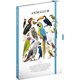 Keménytáblás notesz krémszínű lapokkal, vonalas, leszorító gumiszalaggal Animalium – Birds 130x210mm, Presco